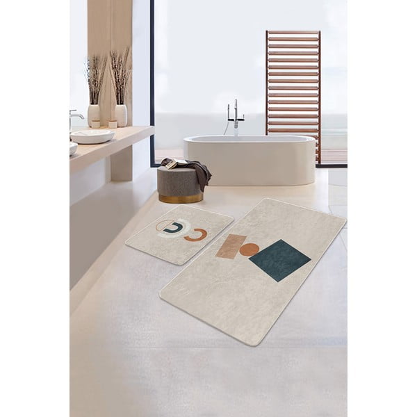 Iš velveto vonios kilimėliai smėlio spalvos 2 vnt. 60x100 cm Geometry Shapes – Mila Home-image-4