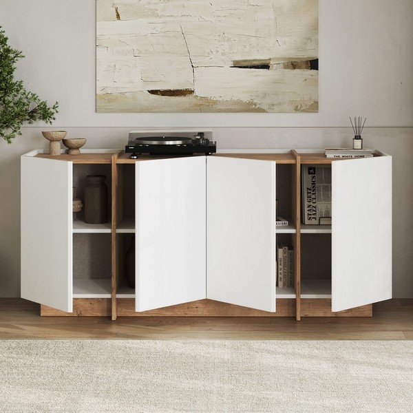 Baltos spalvos šoninė spintelė iš pušies su anga laidams 180x80x45 cm Dorma – Kalune Design-image-2