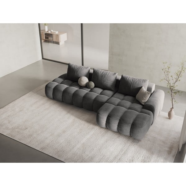 Pilkos spalvos iš velveto sulankstoma/su sandėliavimo vieta kampinė sofa (su dešiniuoju kampu/su gultu) Linz – Cosmopolitan Design-image-1