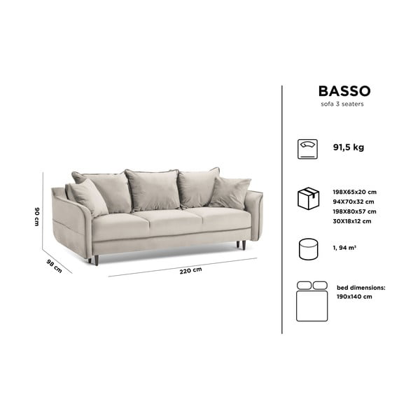 Šviesiai pilka aksominė sofa-lova Kooko Home Basso-image-4