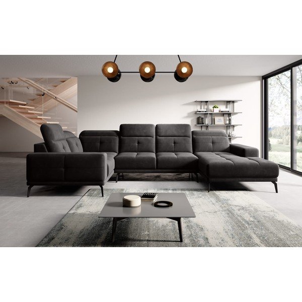 Juodos spalvos iš velveto kampinė sofa (su kairiuoju kampu/„U“ formos) Neviro – ELTAP-image-1