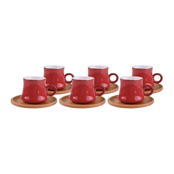 6 raudonų porcelianinių puodelių su bambukiniais padėkliukais rinkinys "Bambum Harem