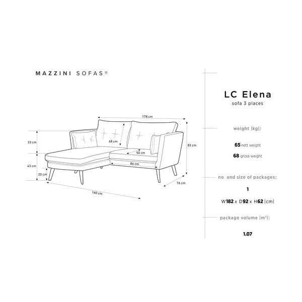 Kreminės ir baltos spalvos trivietė sofa "Mazzini Sofas Elena", su šezlongu kairiajame kampe-image-2