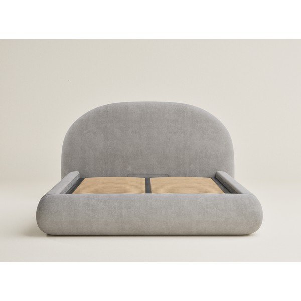 Pilkai smėlinės spalvos dvigulė lova audiniu dengta su sandėliavimo vieta su lovos grotelėmis 180x200 cm Maumere – Maison de Rêve-image-2