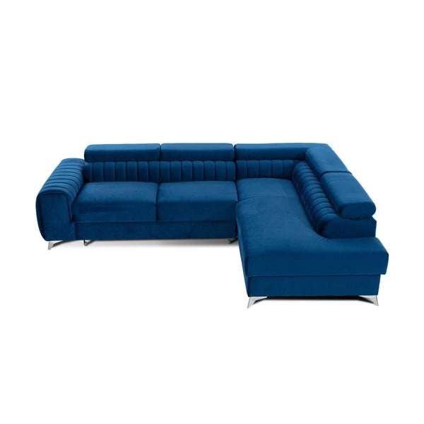 Mėlynos spalvos iš velveto sulankstoma/su sandėliavimo vieta kampinė sofa (su dešiniuoju kampu/„L“ formos) Laurence – ELTAP
