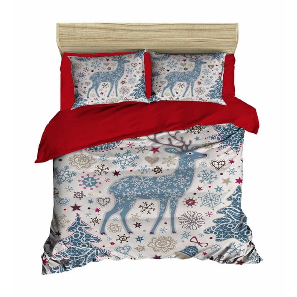 Dvigulės lovos patalynės ir paklodžių rinkinys "Kalėdinis elnias", mėlynas, 200 x 220 cm