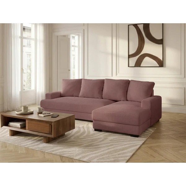 Rožinės spalvos sulankstoma/su sandėliavimo vieta kampinė sofa iš kordinio velveto (su dešiniuoju kampu/su gultu) Campi – Bobochic Paris-image-1