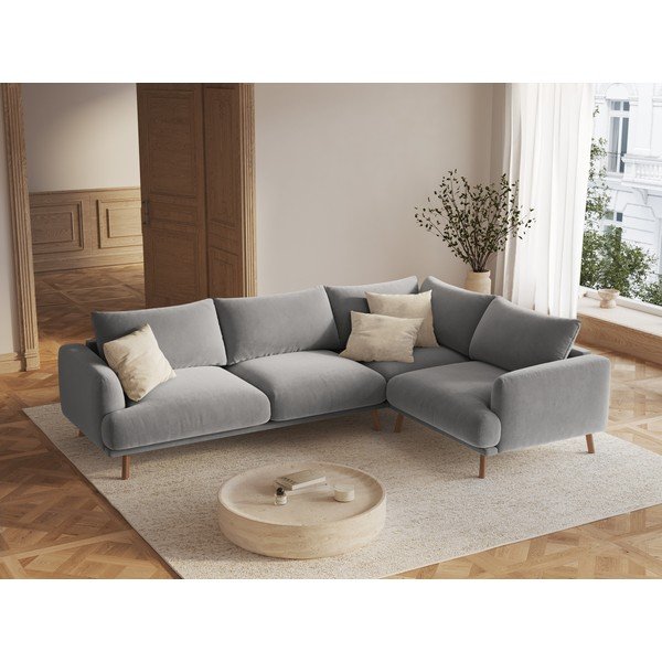 Pilkos spalvos kampinė sofa iš velveto (su dešiniuoju kampu/„L“ formos) Naomi – Micadoni -image-1