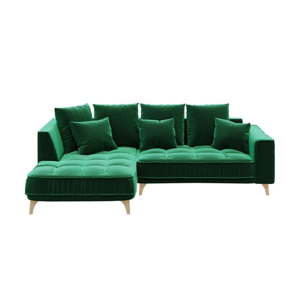 Tamsiai žalia aksominė kampinė sofa Devichy Chloe, kairysis kampas, 256 cm