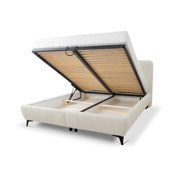 Smėlio spalvos dvigulė lova audiniu dengta su sandėliavimo vieta su lovos grotelėmis 140x200 cm Makapu – Makamii-image-1