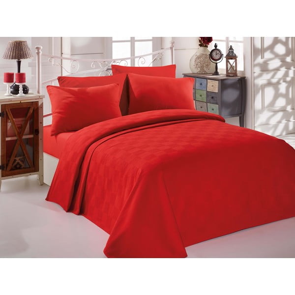 Raudonos medvilninės lovos užvalkalo, paklodės ir pagalvės užvalkalo rinkinys dvivietei lovai "EnLora Home InColor Red", 160 x 235 cm