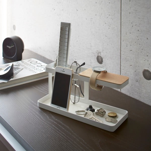 Baltas daugiafunkcinis stovas su buko medienos detalėmis YAMAZAKI Tower Desk Bar-image-1