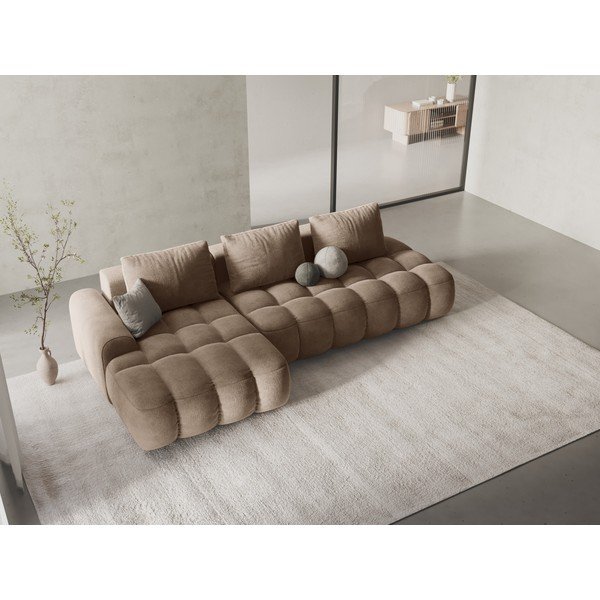 Šviesiai rudos spalvos iš velveto sulankstoma/su sandėliavimo vieta kampinė sofa (su kairiuoju kampu/su gultu) Linz – Cosmopolitan Design-image-1