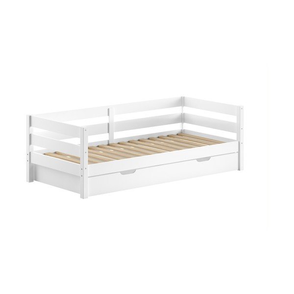 Baltos spalvos ištraukiama iš pušies masyvo vaikiška lova su lovos grotelėmis 90x200 cm Margrit – Vipack