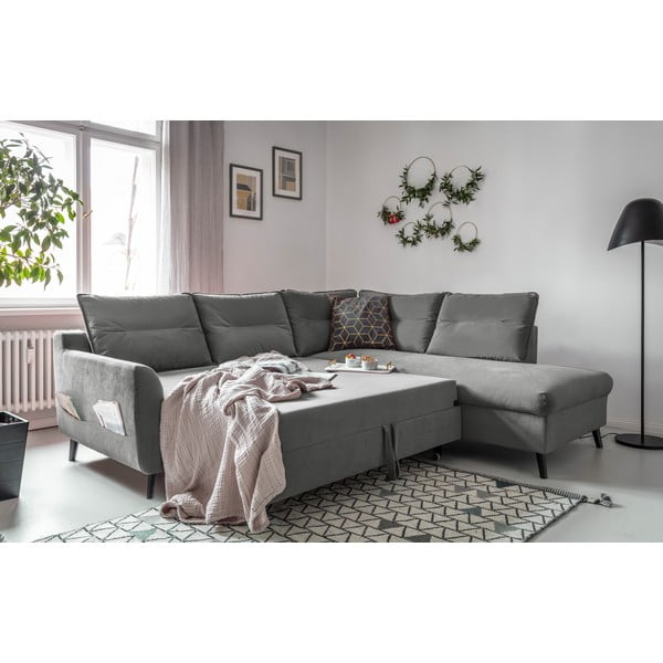 Šviesiai pilkos spalvos aksominė kampinė sofa-lova Miuform Stylish Stan L, dešinysis kampas-image-4