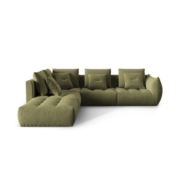 Šviesiai žalios spalvos iš velveto kampinė sofa (su kairiuoju kampu/„L“ formos) Bloom – Micadoni 