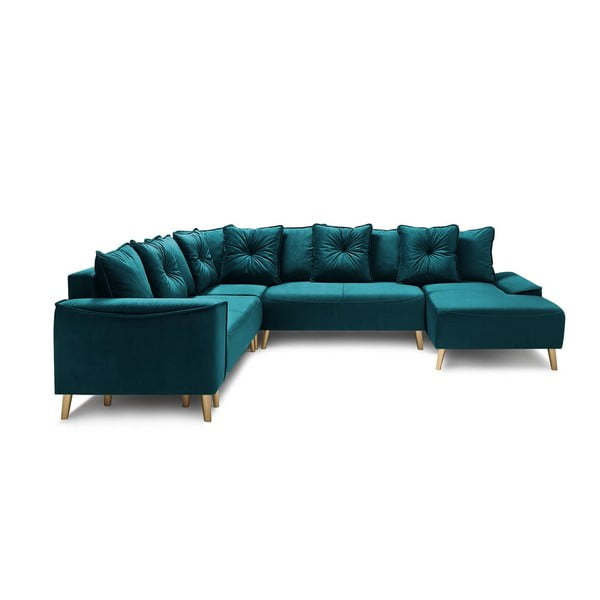 Benzininio aksomo U formos sofa-lova su auksinėmis kojomis "Bobochic Paris Panoramique XXL Hera", dešinysis kampas