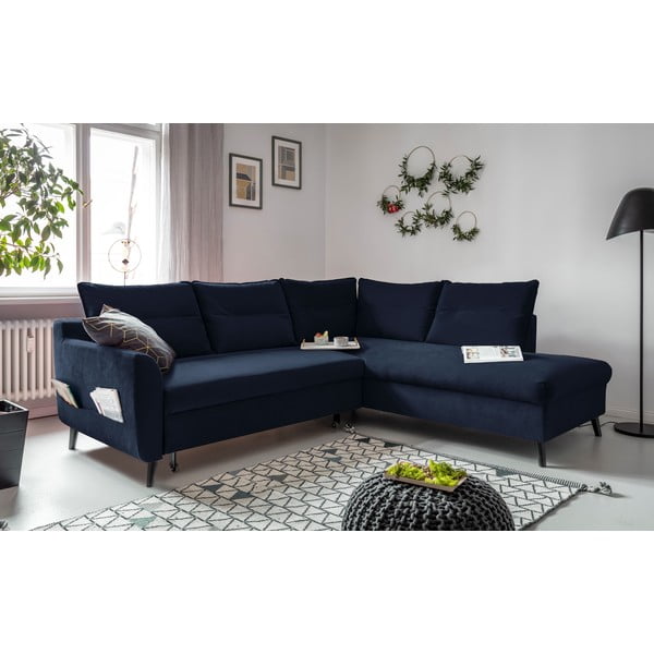 Tamsiai mėlyna aksominė kampinė sofa Miuform Stylish Stan L, dešinysis kampas-image-4