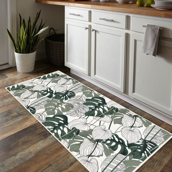Skalbiamas kilimas baltos spalvos/žalios spalvos 80x200 cm Monstera – Oyo Concept-image-1