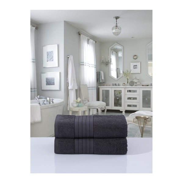 Iš frote audinio iš medvilnės vonios rankšluosčiai antracito spalvos 2 vnt. 70x140 cm – Good Morning-image-2