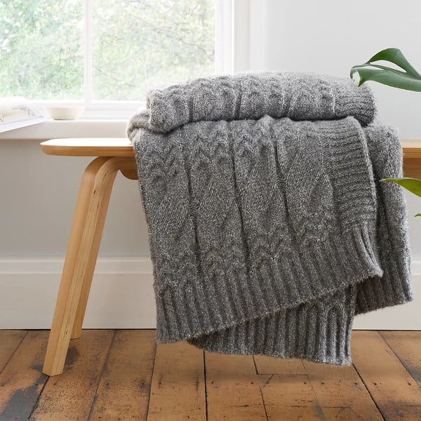 Pilka megzta antklodė ir pledas 150x200 cm Cable Knit – Bianca