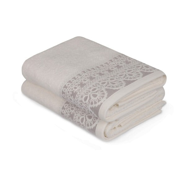 Dviejų baltų rankšluosčių su smėlio spalvos detalėmis rinkinys "Romantica", 90 x 50 cm
