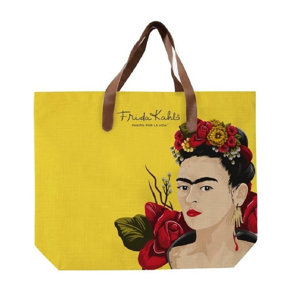 Geltonos spalvos drobės krepšys su dirbtinės odos rankena Madre Selva Frida Roses, 55 x 40 cm
