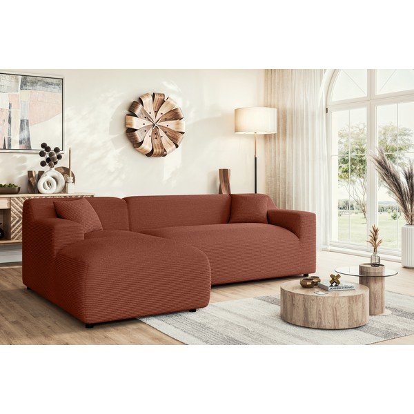 Raudonos plytų spalvos iš kordinio velveto kampinė sofa (su kairiuoju kampu/su gultu) Martin – Ropez-image-1