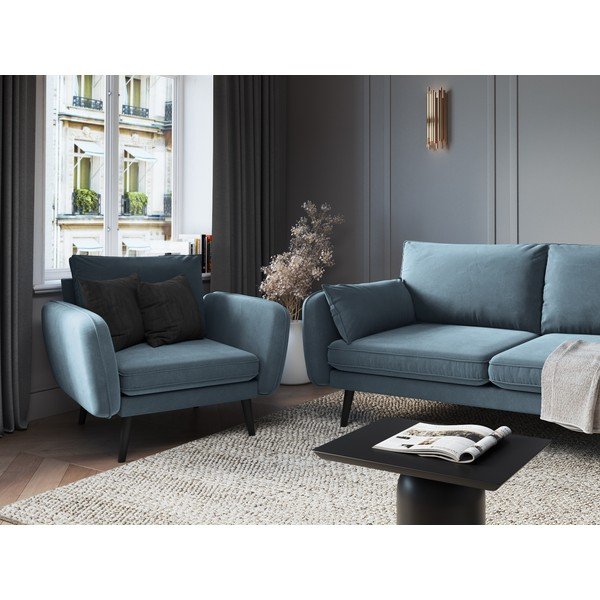 Šviesiai mėlynas aksominis krėslas su juodomis kojomis Kooko Home Lento-image-1