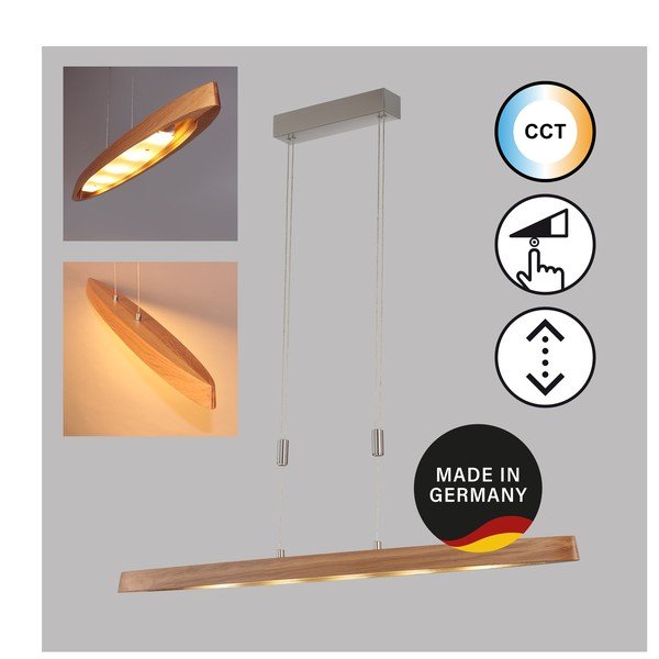 Kabantis šviestuvas sidabrinės spalvos/natūralios spalvos LED su pritemdymo funkcija su mediniu gaubtu Shine-wood – Fischer & Honsel-image-3