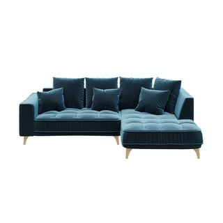 Tamsiai mėlyna aksominė kampinė sofa Devichy Chloe, dešinysis kampas, 256 cm