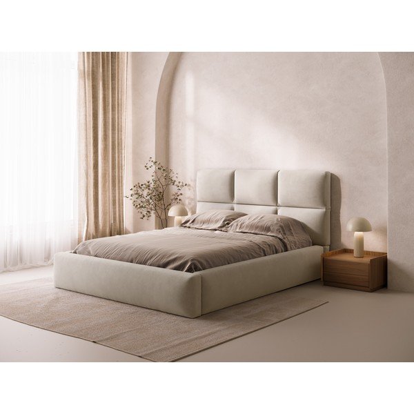 Smėlio spalvos dvigulė lova audiniu dengta su sandėliavimo vieta su lovos grotelėmis 200x200 cm Libera – Windsor & Co Sofas-image-1