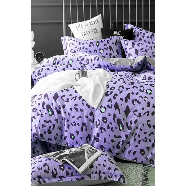 Dvigulė/itin ilga patalynė iš medvilnės violetinės spalvos su paklode/4 dalių 200x220 cm Leopard – Mila Home