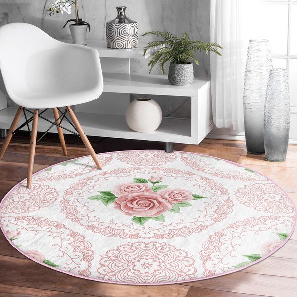 Skalbiamas/robotiniams dulkių siurbliams apvalios formos kilimas šviesiai rožinės spalvos ø 120 cm Comfort – Mila Home-image-1
