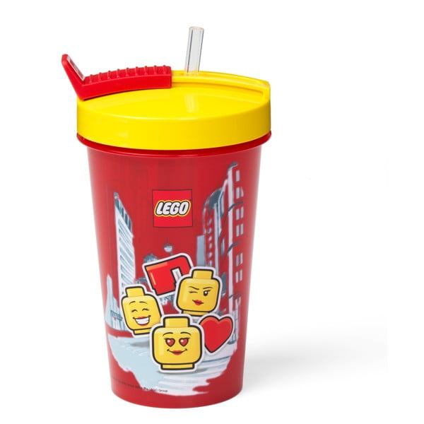 Raudonas puodelis su geltonu dangteliu ir šiaudeliu LEGO® Iconic, 500 ml