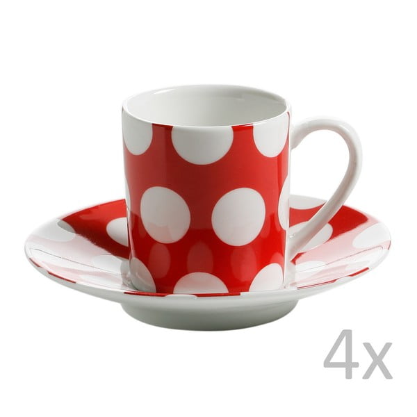4 raudonų porcelianinių puodelių ir lėkščių rinkinys "Maxwell & Williams Polka Dot", 100 ml