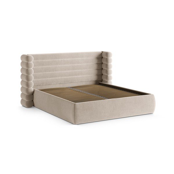 Smėlio spalvos dvigulė lova audiniu dengta su sandėliavimo vieta su lovos grotelėmis 180x200 cm Mount – Micadoni -image-3