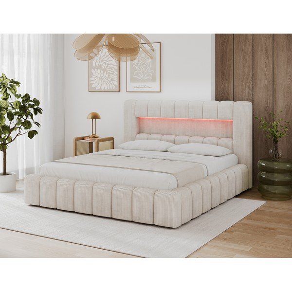 Smėlio spalvos dvigulė lova audiniu dengta su sandėliavimo vieta su lovos grotelėmis 140x200 cm Lamica – ELTAP-image-2