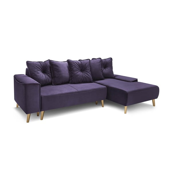 Violetinio aksomo kampinė sofa-lova su auksinėmis kojomis "Bobochic Paris Hera", dešinysis kampas