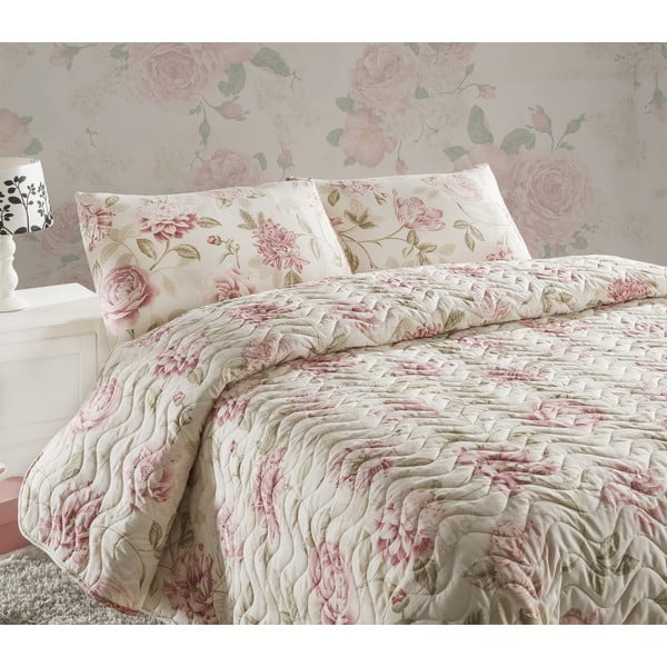 Kreminės spalvos dygsniuota lengva lovatiesė su pagalvių užvalkalais Care, 200 x 220 cm