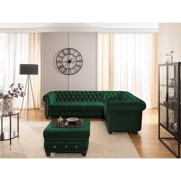 Žalios spalvos sulankstoma kampinė sofa iš velveto (su dešiniuoju kampu/„L“ formos) York Blik – Ropez-image-4