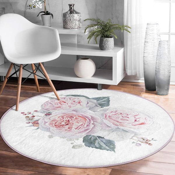 Skalbiamas/robotiniams dulkių siurbliams apvalios formos kilimas baltos spalvos/rožinės spalvos ø 120 cm Comfort – Mila Home-image-1