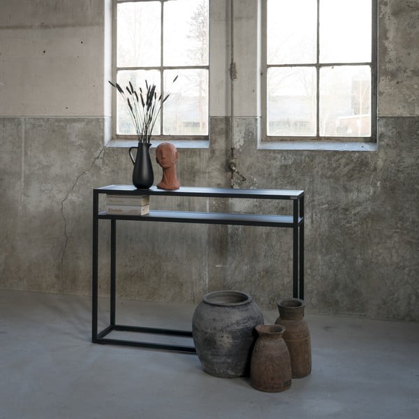 Juodos spalvos konsolinis staliukas su ąžuolo masyvo stalviršiu 30x120 cm Daniël – Spinder Design-image-2