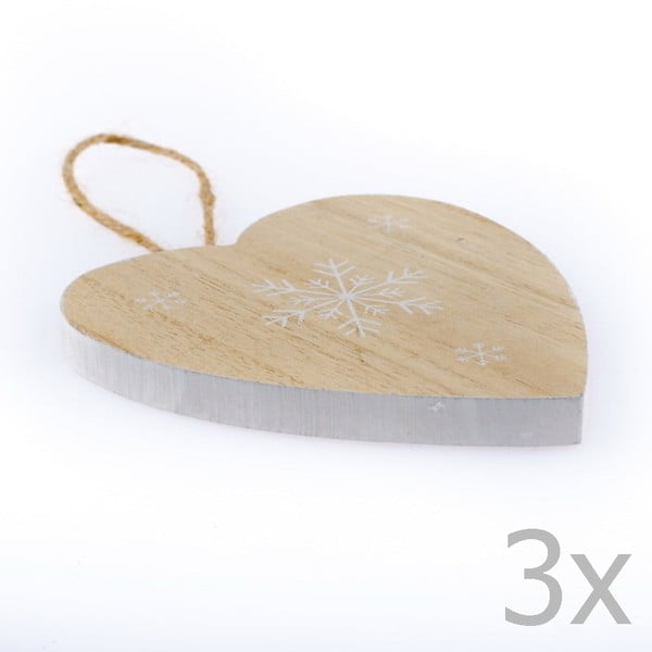 3 medinių kabančių širdelių rinkinys Dakls Snowflake, 11 cm aukščio