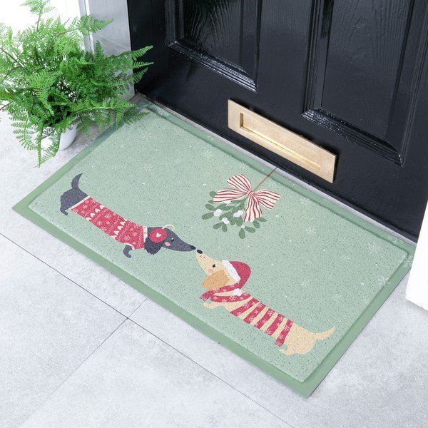 Iš perdirbto plastiko grindų kilimėlis su Kalėdų motyvu 40x70 cm Christmas Sausage Dogs – Artsy Doormats-image-1