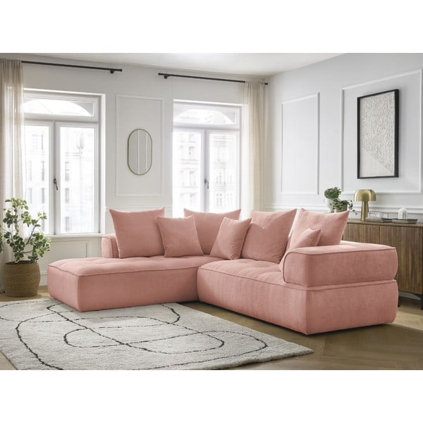 Rožinės spalvos iš šenilinio audinio kampinė sofa (su kairiuoju kampu/„L“ formos) Whesley – Bobochic Paris-image-1