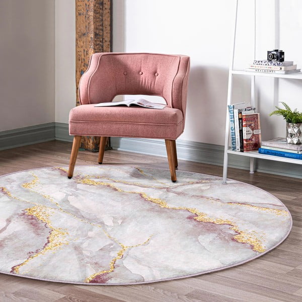 Skalbiamas šviesiai rožinės spalvos/auksinės spalvos apvalios formos kilimas ø 120 cm Marble – Mila Home-image-4