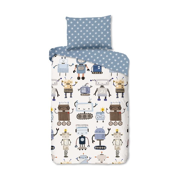 Mėlynos spalvos/smėlio spalvos iš medvilnės viengulė vaikiška patalynė 140x200 cm Robo – Good Morning