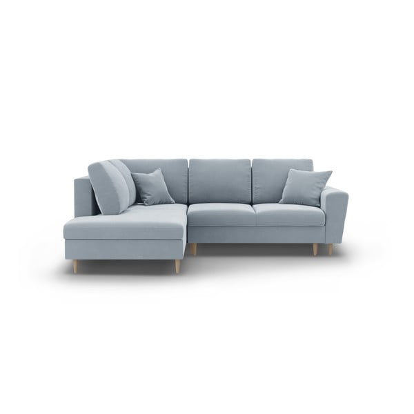Šviesiai mėlynos spalvos iš velveto sulankstoma/su sandėliavimo vieta kampinė sofa (su kairiuoju kampu/„L“ formos) Kyoto – Cosmopolitan Design