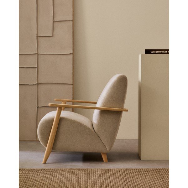 Smėlio spalvos/kreminės spalvos iš šenilinio audinio krėslas Meghan – Kave Home-image-2